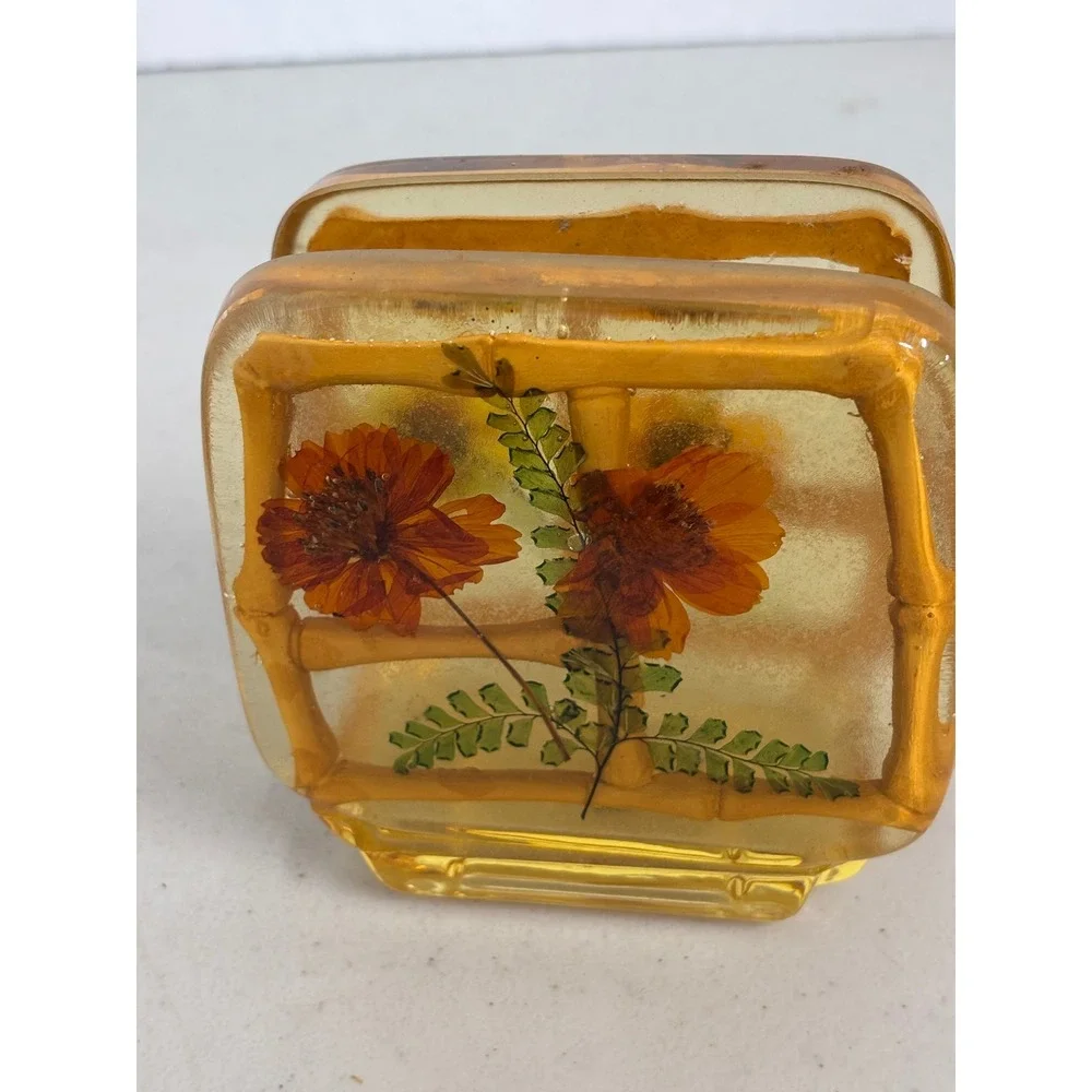 Vintage Gamut Designs Lucite Napkin Holder Amber Dried‎ Flower Bamboo 70s USA